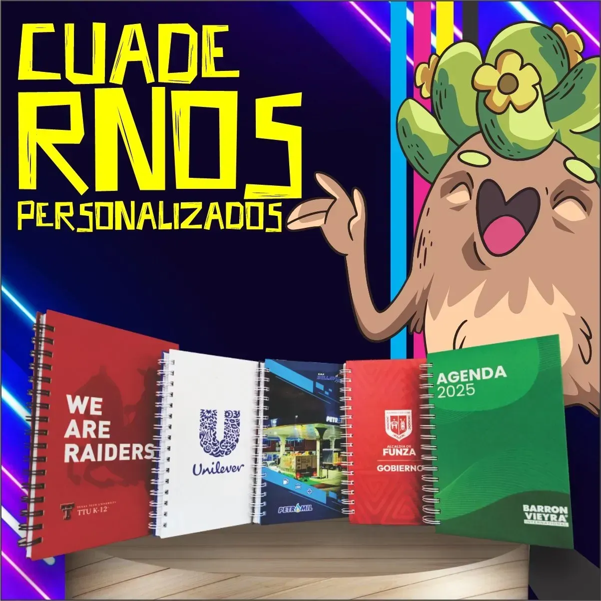 Cuadernos con logotipos de empresas y personajes de dibujos animados, sobre un fondo iluminado con neón.