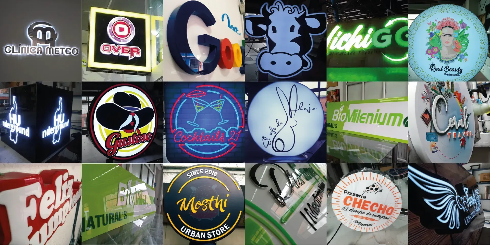 Colección de varios carteles comerciales iluminados con logotipos.
