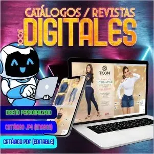 Anuncio de catálogos digitales: Robot, portátil, smartphone, páginas de catálogo de ropa. Texto: 