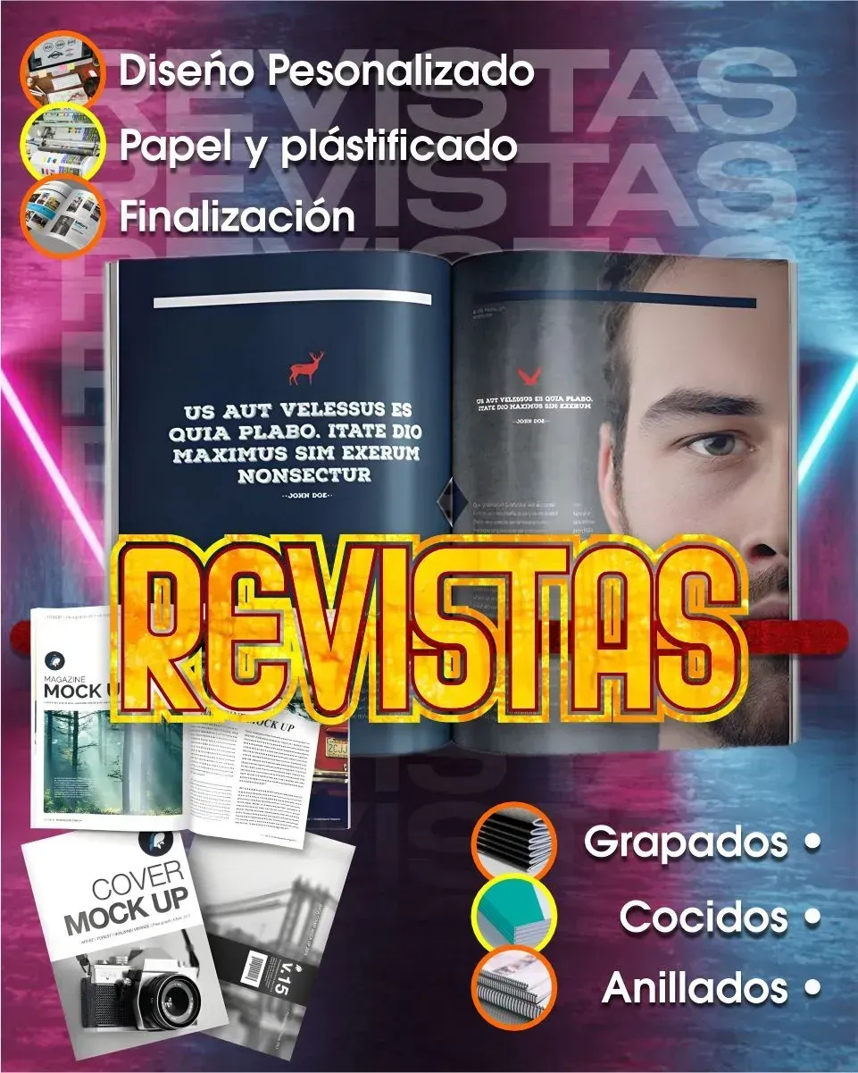 Anuncio de revista con servicios: diseño, papel y acabado. Incluye revista, portada y opciones de encuadernación.