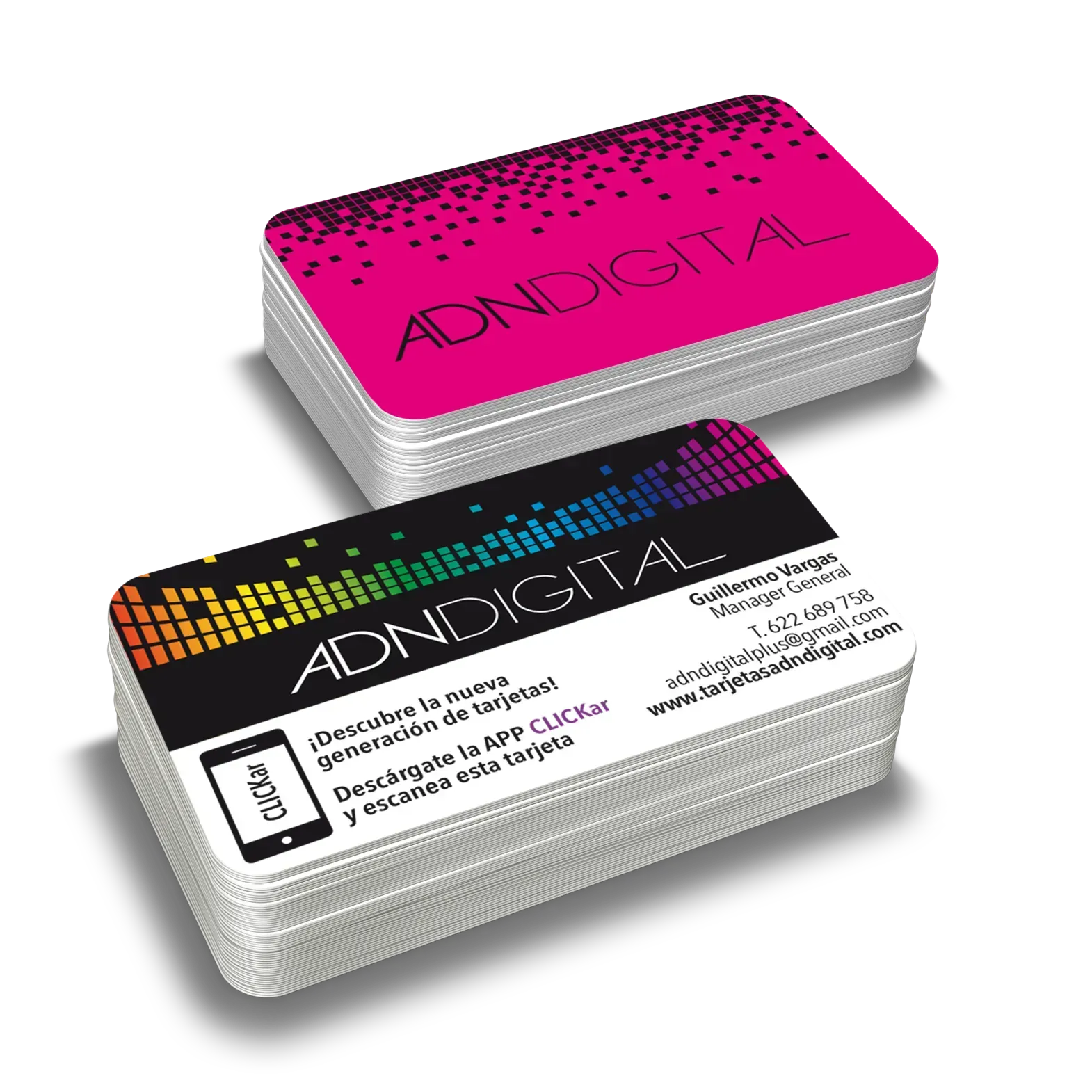 Pilas de tarjetas de presentación con esquinas redondeadas; la tarjeta superior tiene un fondo rosa.