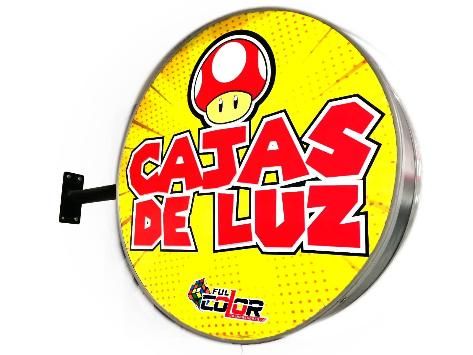 Letrero luminoso redondo con un hongo Mario y la inscripción 