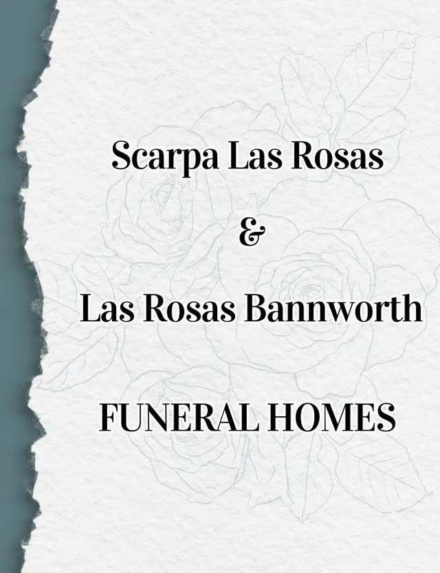 Logo for Scarpa Las Rosas & Las Rosas Bannworth Funeral Homes on a white background with a subtle rose watermark.