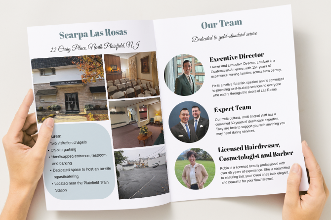 Hands hold an open brochure for Scarpa Las Rosas, featuring building photos, location details, and staff profiles.