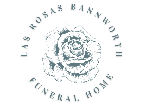 Logo for Las Rosas Bannworth Funeral Home featuring a sketched rose surrounded by the business name in grey text.