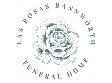 Logo for Las Rosas Bannworth Funeral Home featuring a sketched rose surrounded by the business name in grey text.