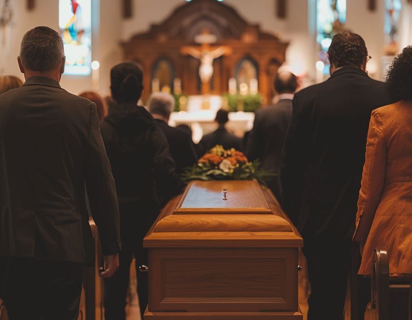 Mourners stand in a church facing a wooden casket topped with flowers, positioned before an altar with a crucifix.