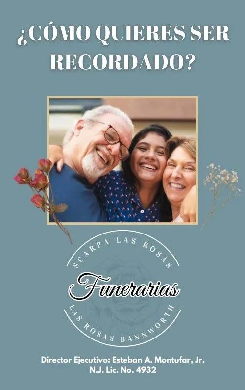 A promotional flyer for Scarpa Las Rosas Funerarias featuring a smiling family, with the title 