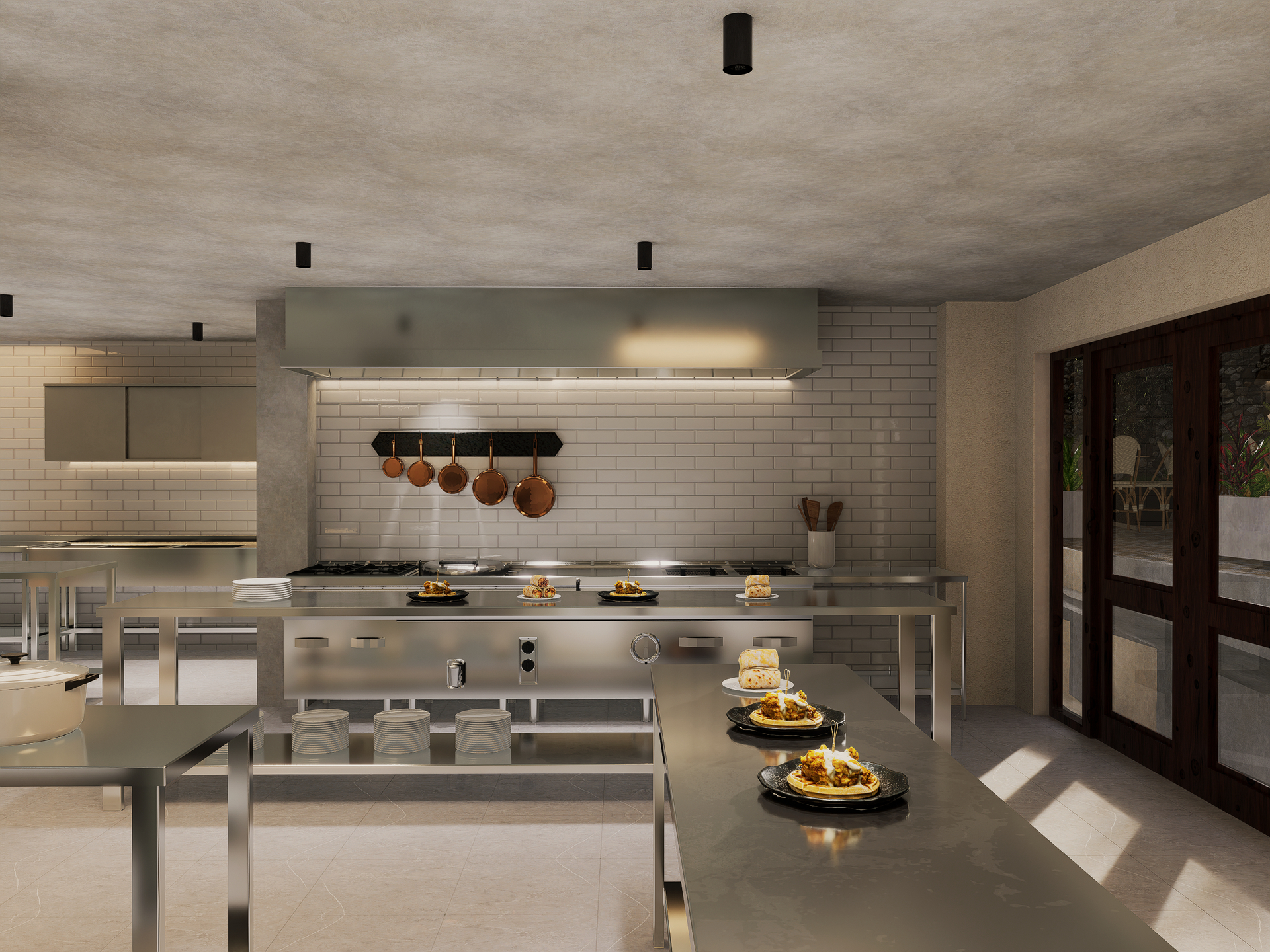 Impresión artística de una cocina con electrodomésticos de acero inoxidable.