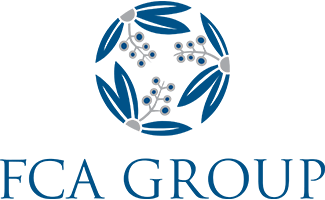 A blue and white logo for fca group
