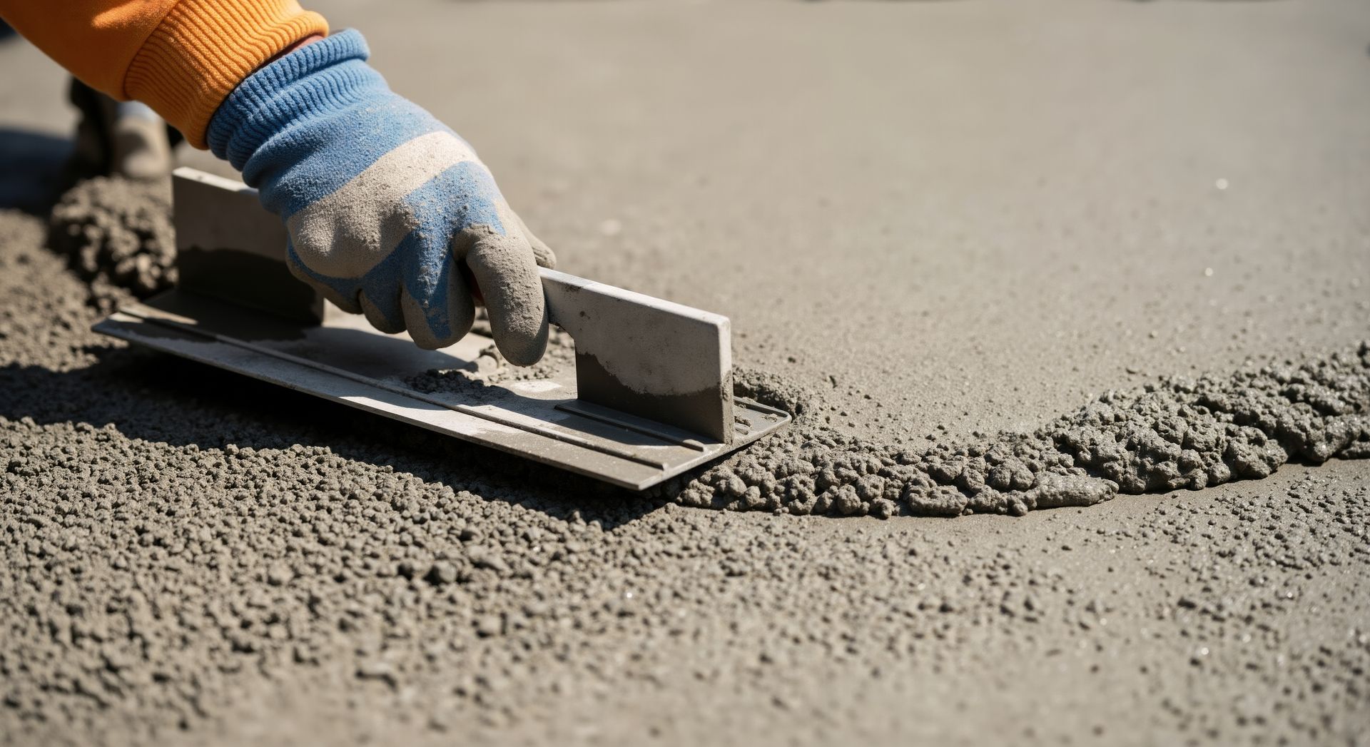 Person smoothing wet concrete with a trowel, wearing blue gloves and orange sleeve.
