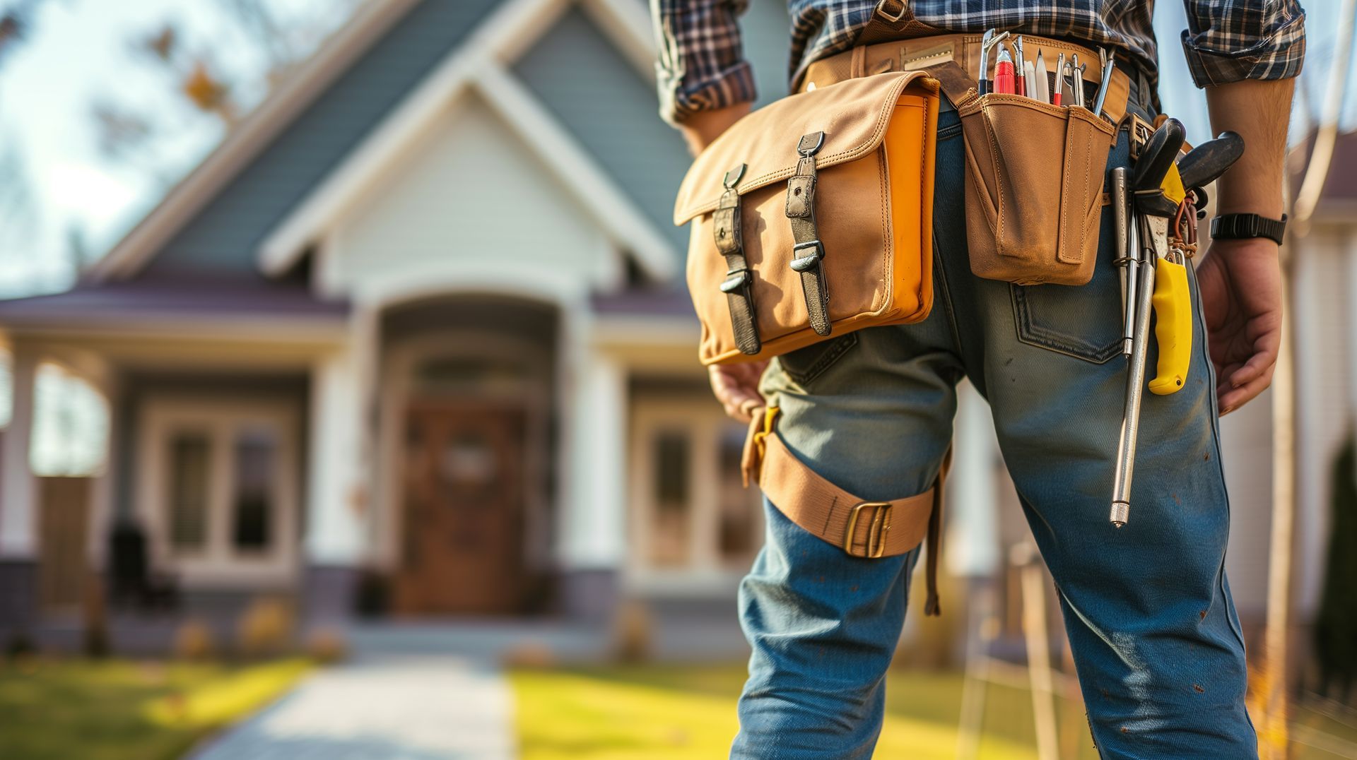 Person wearing tool belt stands in front of a house.