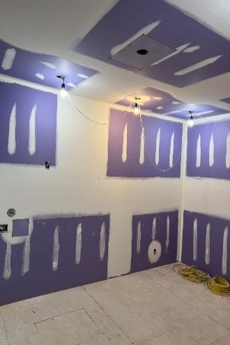 Interior room with purple drywall, unfinished electrical work, and overhead lighting.