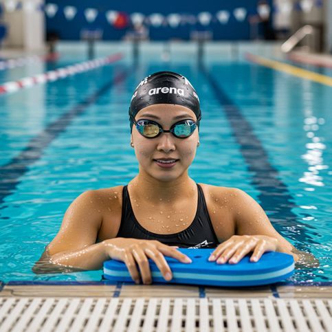 Female swimmer in a black cap and goggles, holding a blue kickboard in a pool, smiling.