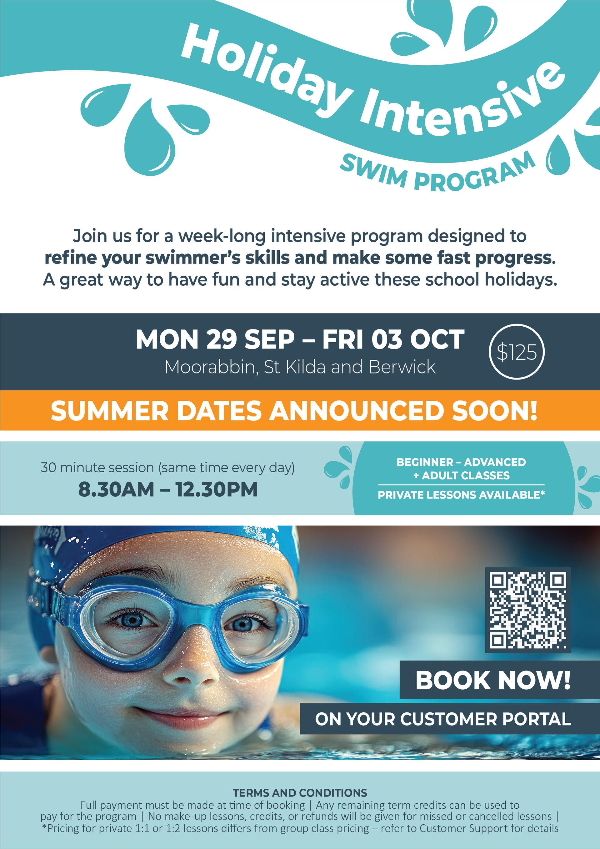 Swim program flyer: child in goggles, dates, times, call to action, booking information, blue and white colors.