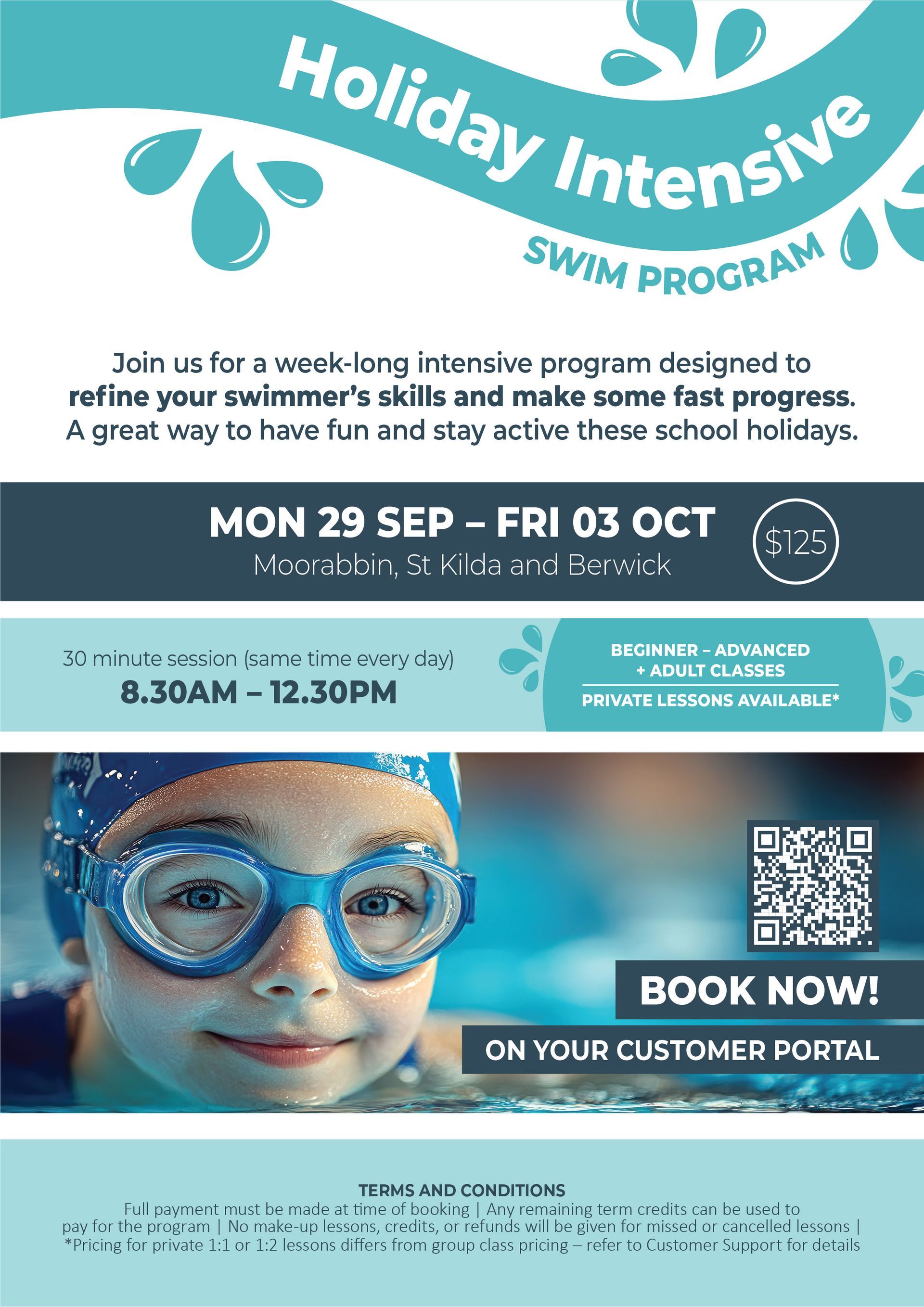 Swim program flyer: child in goggles, dates, times, call to action, booking information, blue and white colors.