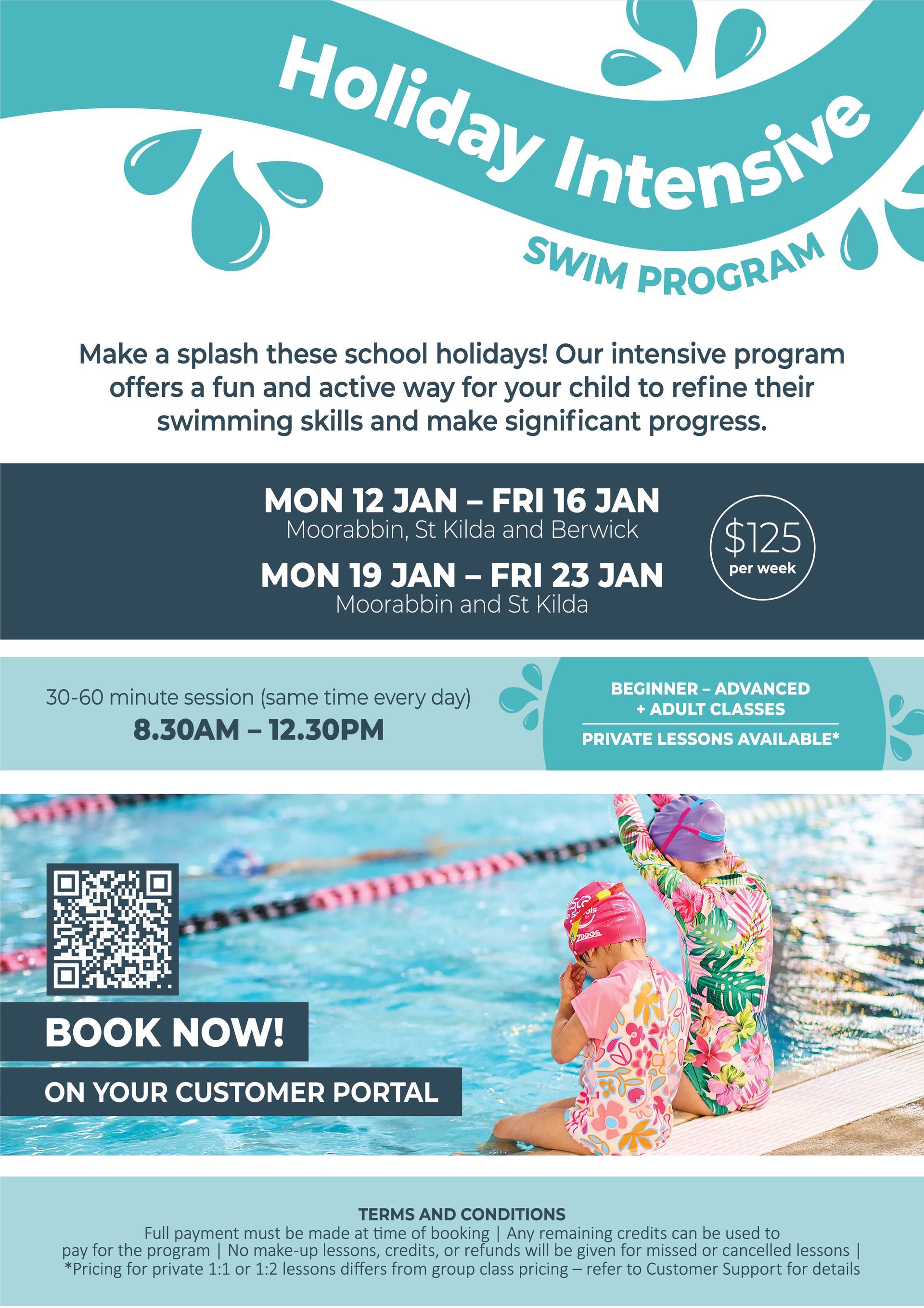 Swim program flyer: child in goggles, dates, times, call to action, booking information, blue and white colors.