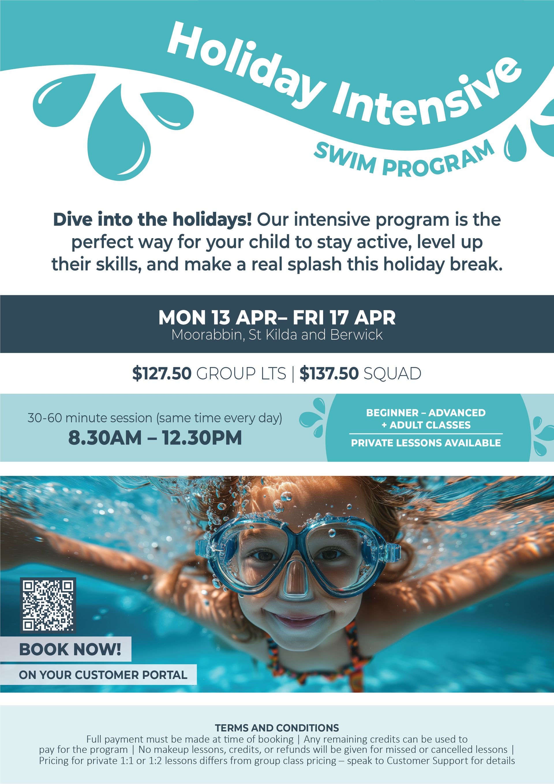 Swim program flyer: child in goggles, dates, times, call to action, booking information, blue and white colors.