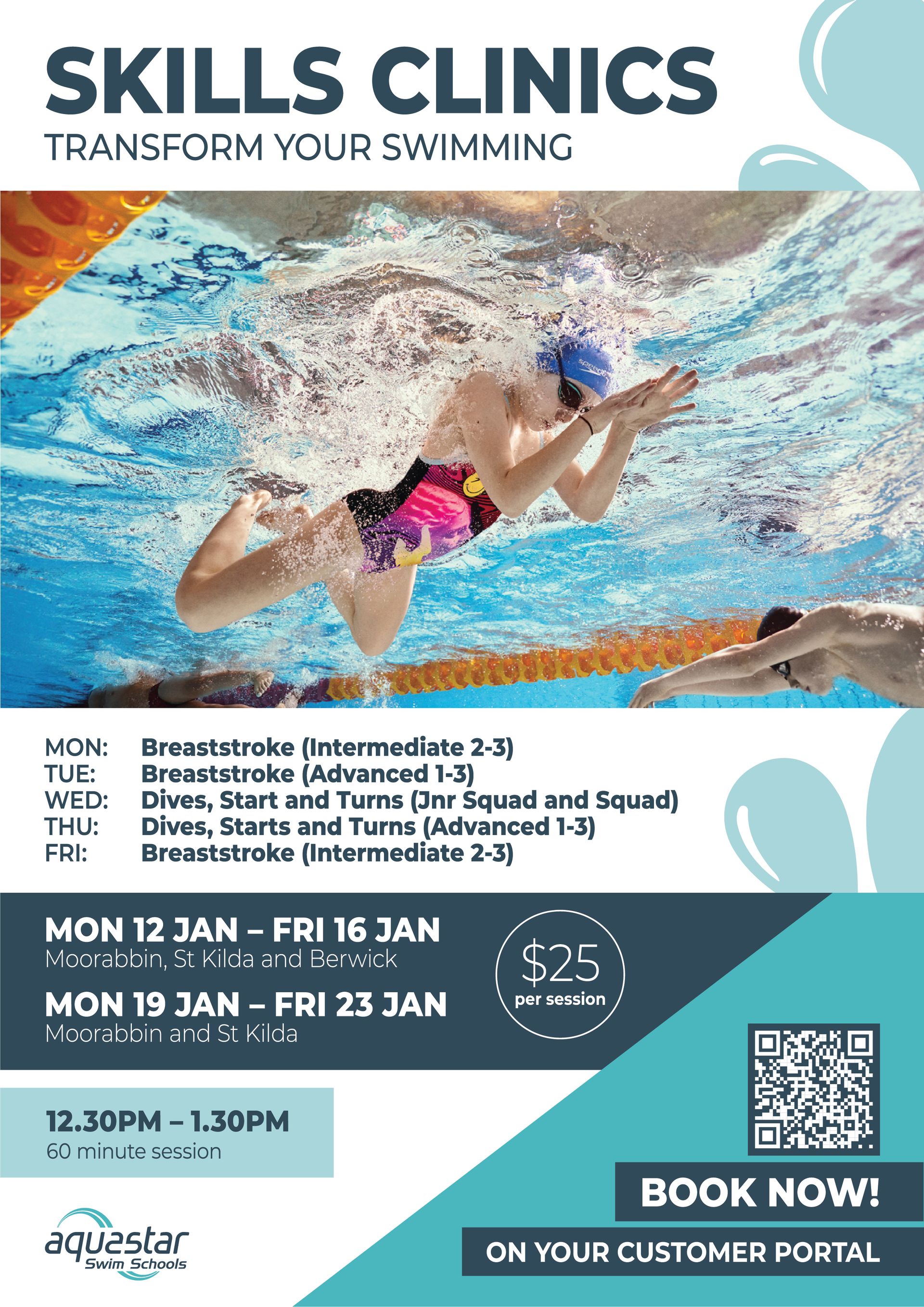 Swim program flyer: child in goggles swimming breaststroke, dates, times, call to action, booking information, blue and white colors.