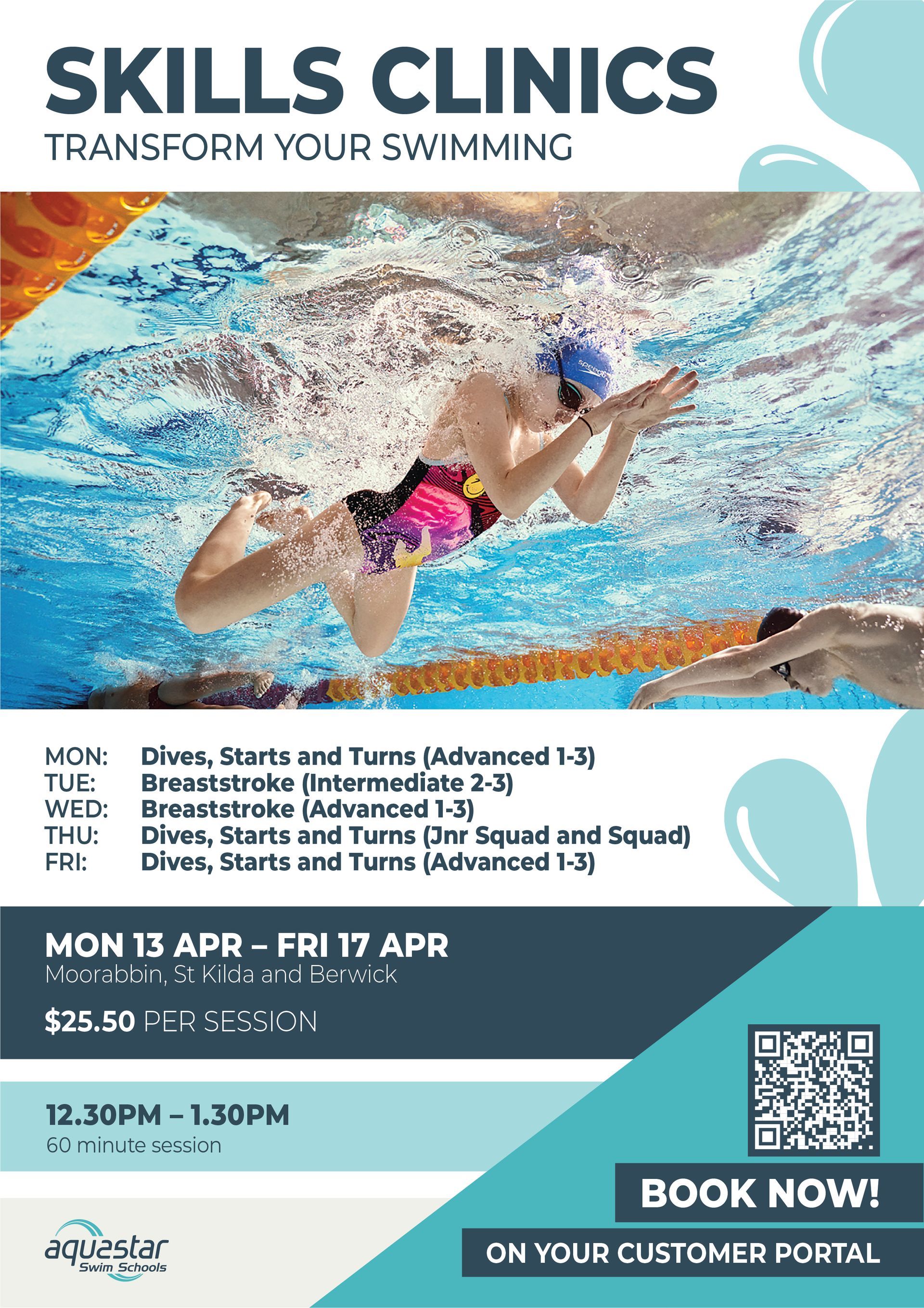 Swim program flyer: child in goggles swimming breaststroke.