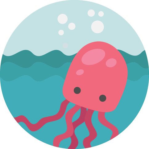 Pink cartoon jellyfish swimming in blue water.