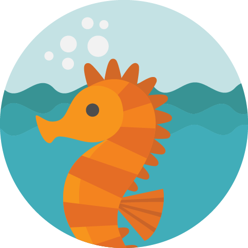 Orange seahorse in teal water, with bubbles and blue waves.