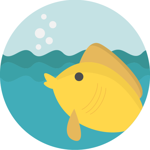 Yellow cartoon fish swimming in blue water, with bubbles.