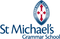 St Michael's Grammar School logo: navy text, shield with a cross in red and white.