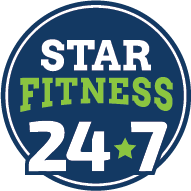 A blue circle with the words star fitness 247 on it