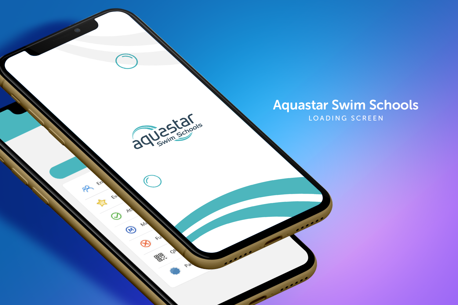 Two phones displaying the Aquastar Swim Schools app on a blue-purple gradient background.