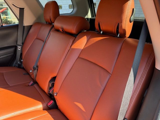 Rear car seats with orange leather upholstery and headrests.