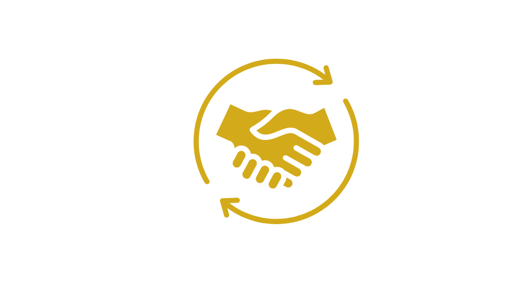 A gold handshake icon with two arrows around it on a white background.