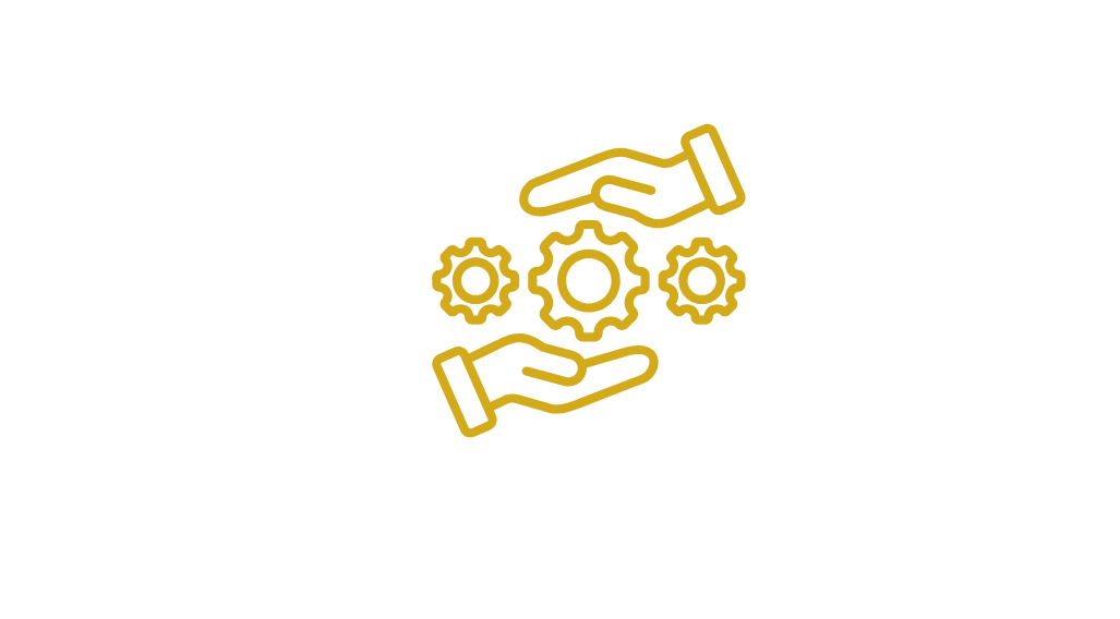 A line drawing of two hands holding gears on a white background.