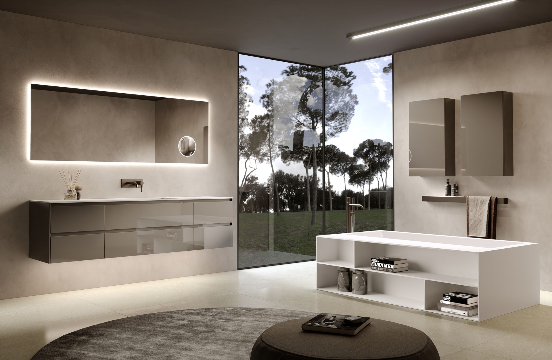 Vasca da bagno moderna bianca con ripiani integrati, inserita in un bagno luminoso dotato di un'ampia finestra.