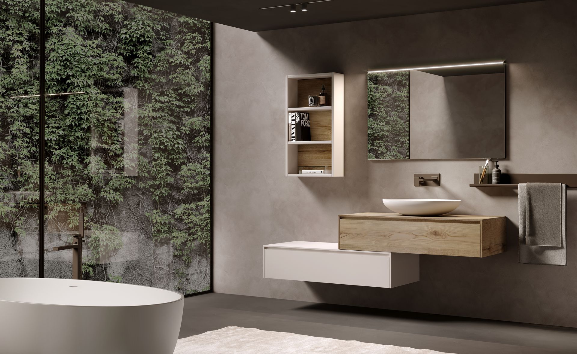 Bagno con mobile lavabo sospeso in legno, lavandino ovale bianco e rubinetto moderno.