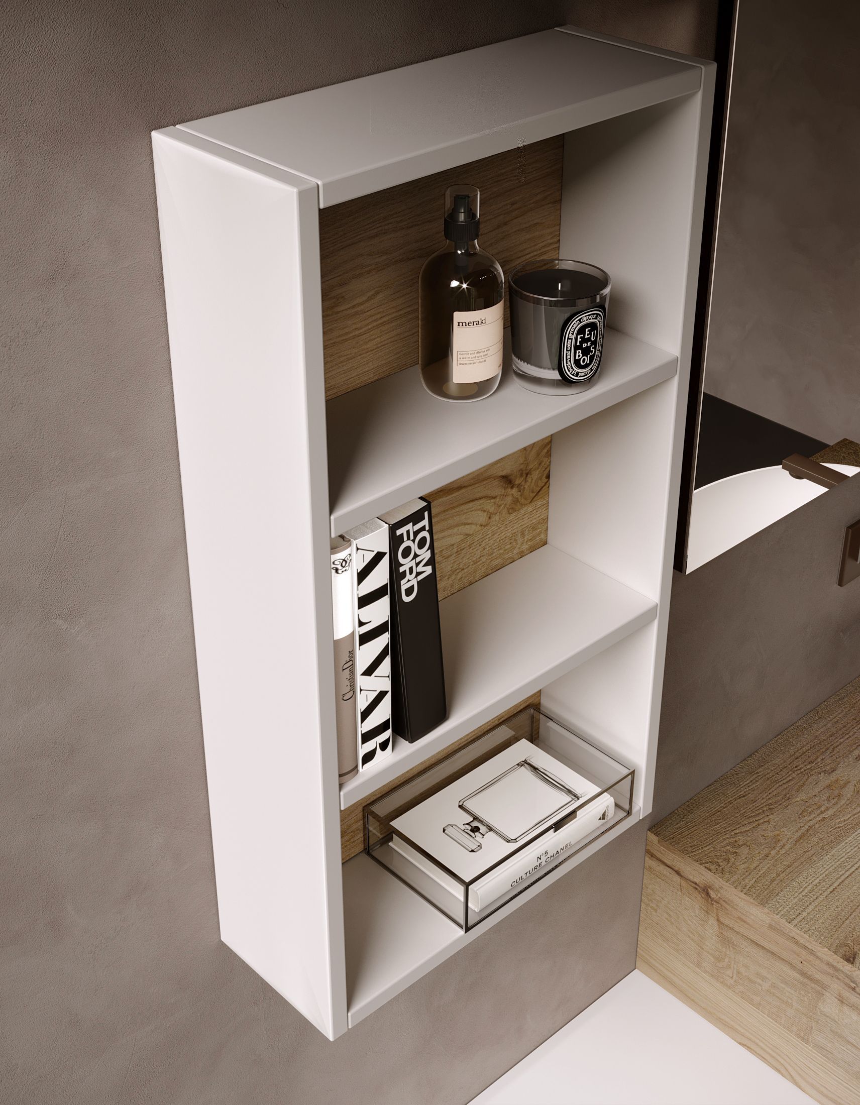 Bagno moderno con mobiletto, specchio e mobiletto in legno e grigio; un'ampia finestra con vista sugli alberi.