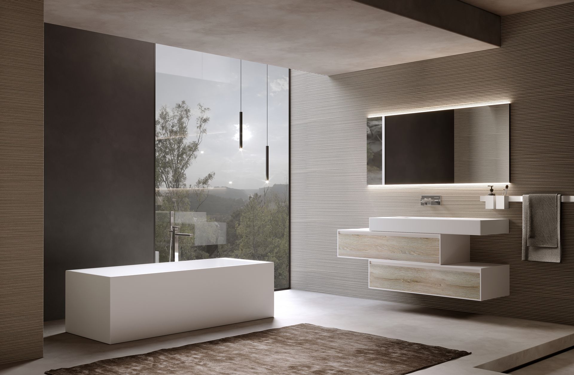 Lavandino bianco per il bagno con mensola, portasciugamani e parete strutturata.