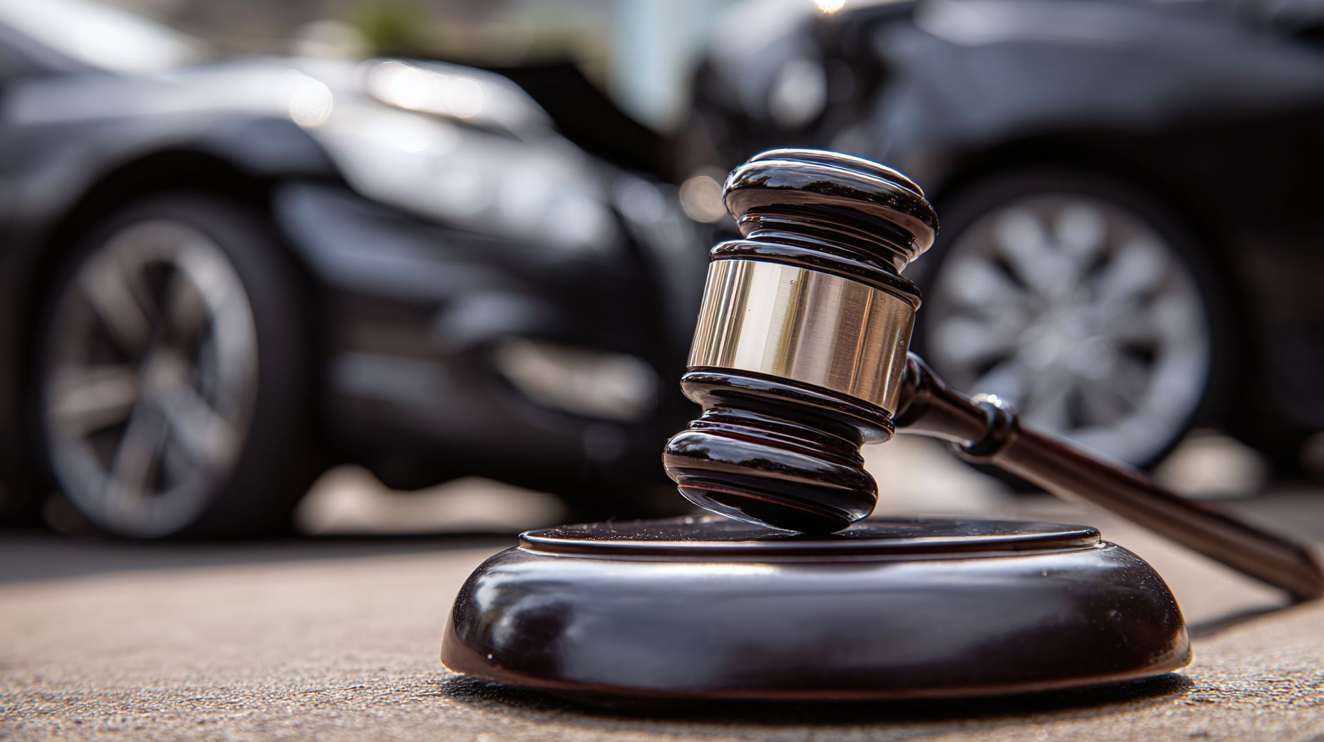 Wooden gavel with crashed cars background for an auto injury attorney's legal services.