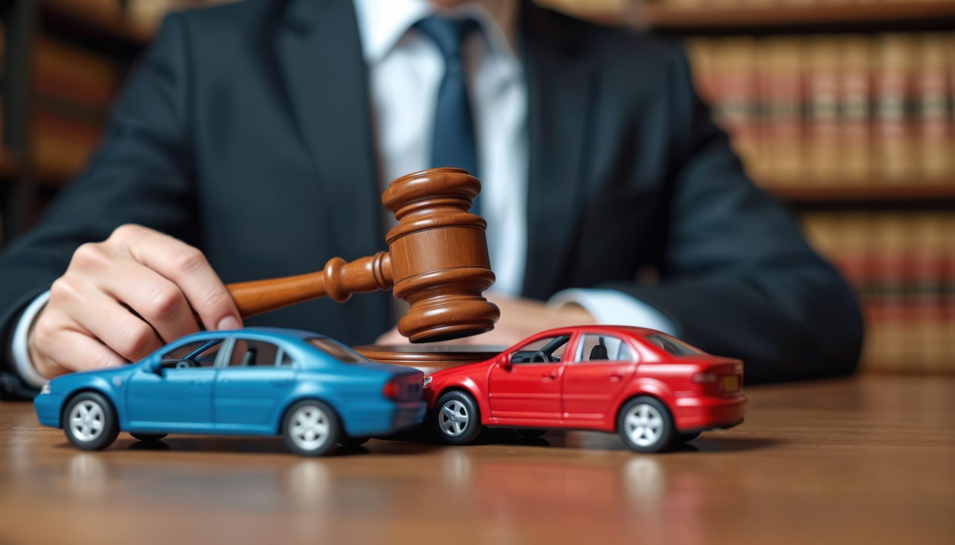 Gavel over toy cars for a car crash lawsuit. Contact an auto injury attorney for legal help.