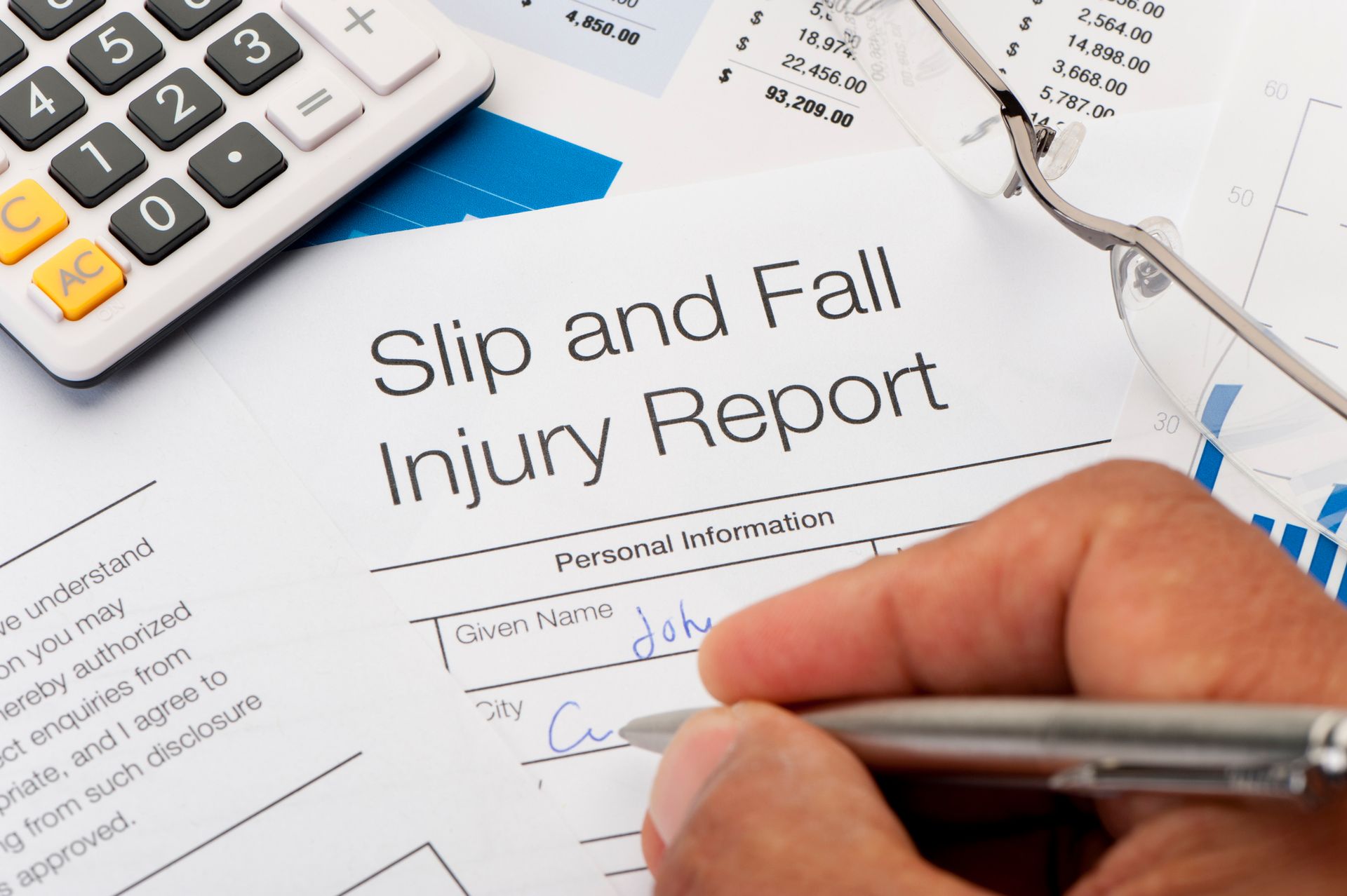 Close up of slip and fall injury form with pen, glasses, calculator and masculine writing hand.