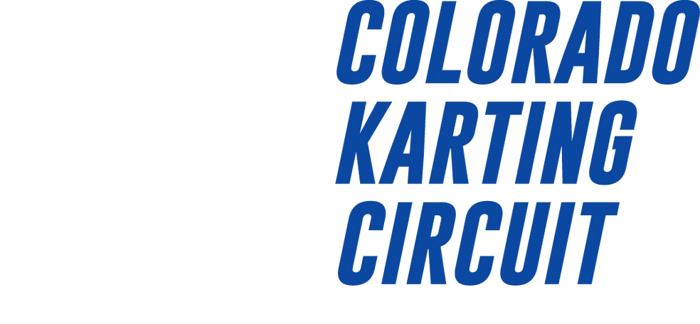 The colorado karting circuit logo is blue and white on a white background.