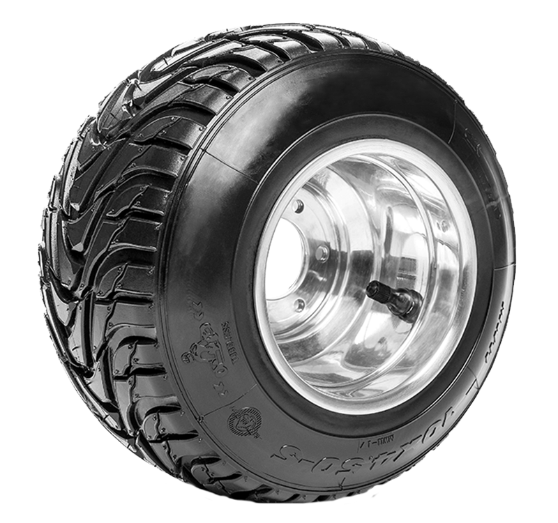 A maxxis tire with a chrome rim on a white background.