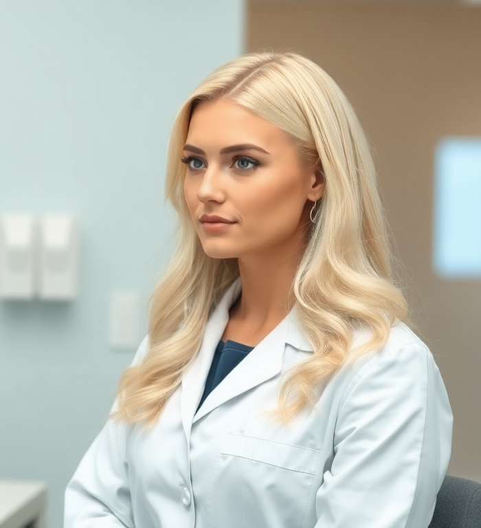 A woman in a lab coat and glasses is smiling with her arms crossed.