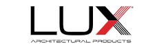 The lux architectural products logo is black and red on a white background.