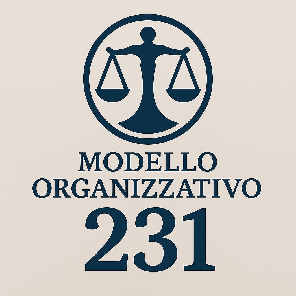 A logo for modello organizzativo 231 with a scale of justice