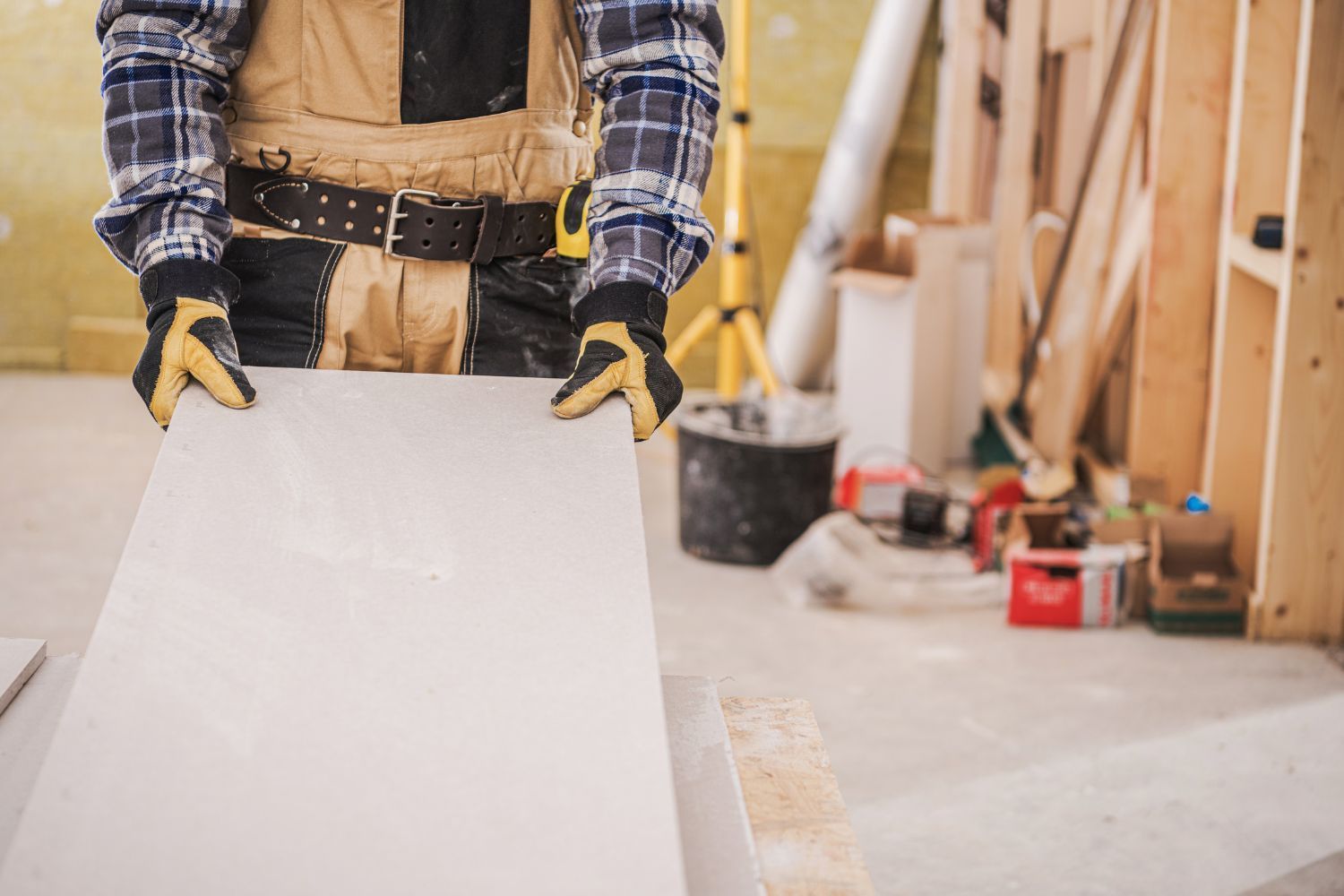 A man is holding a piece of drywall in his hands.
