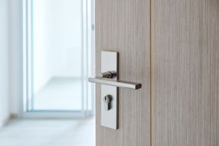 A close up of a door handle on a wooden door.