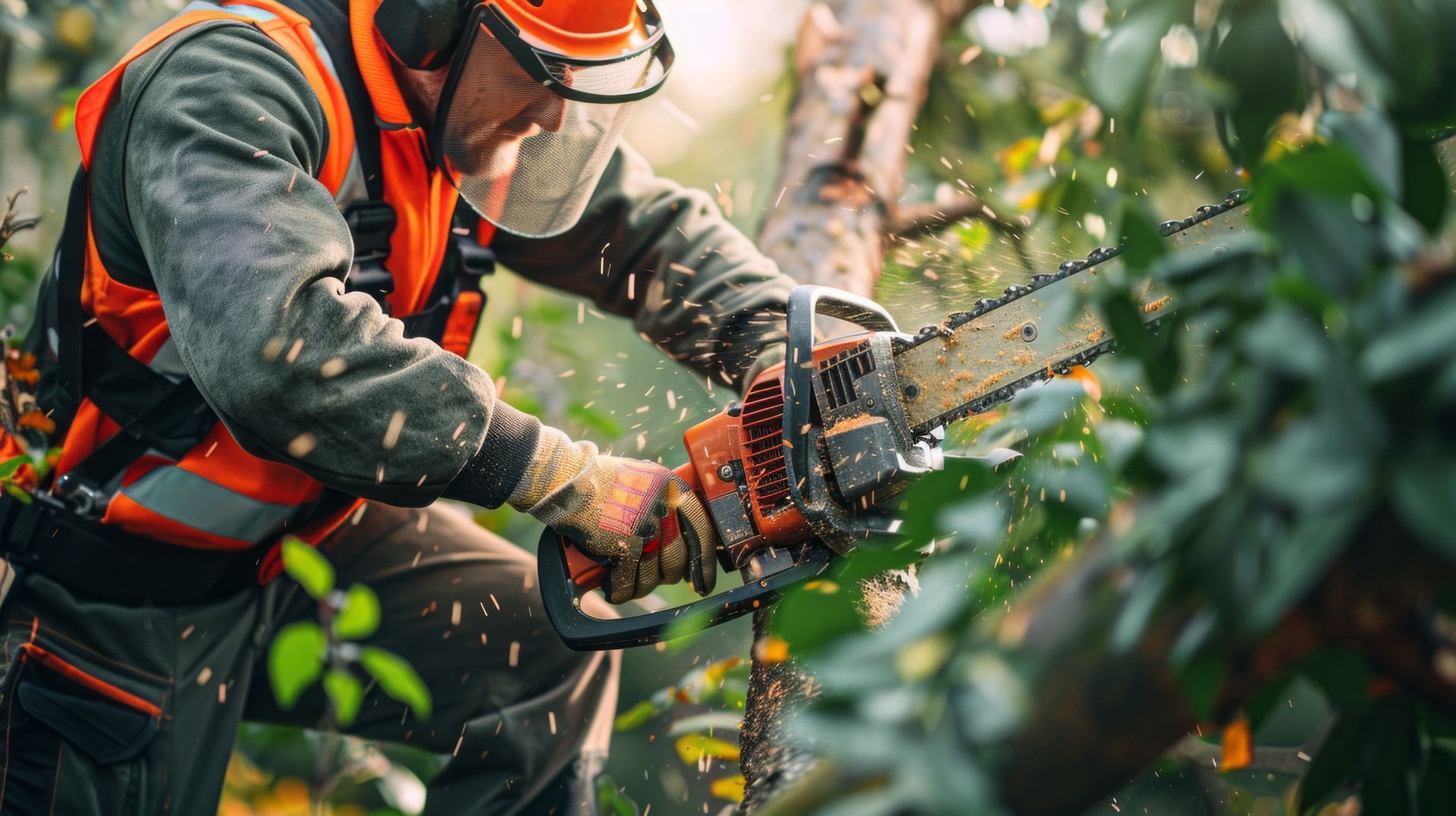 Professional in safety gear using a chainsaw for an expert tree removal service in a forest.