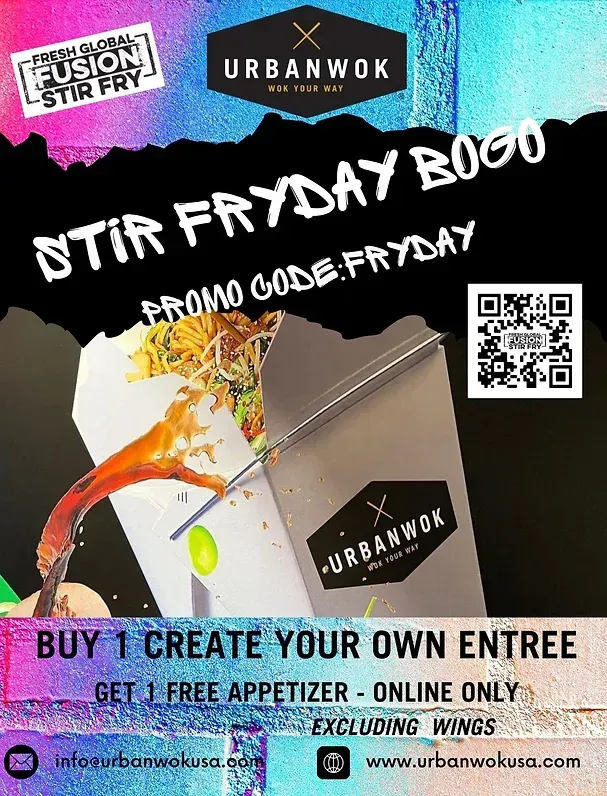 A poster for urbanwok that says buy 1 create your own entree get 1 free appetizer online only