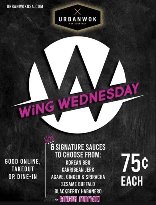 An advertisement for wing wednesday at urbanwok